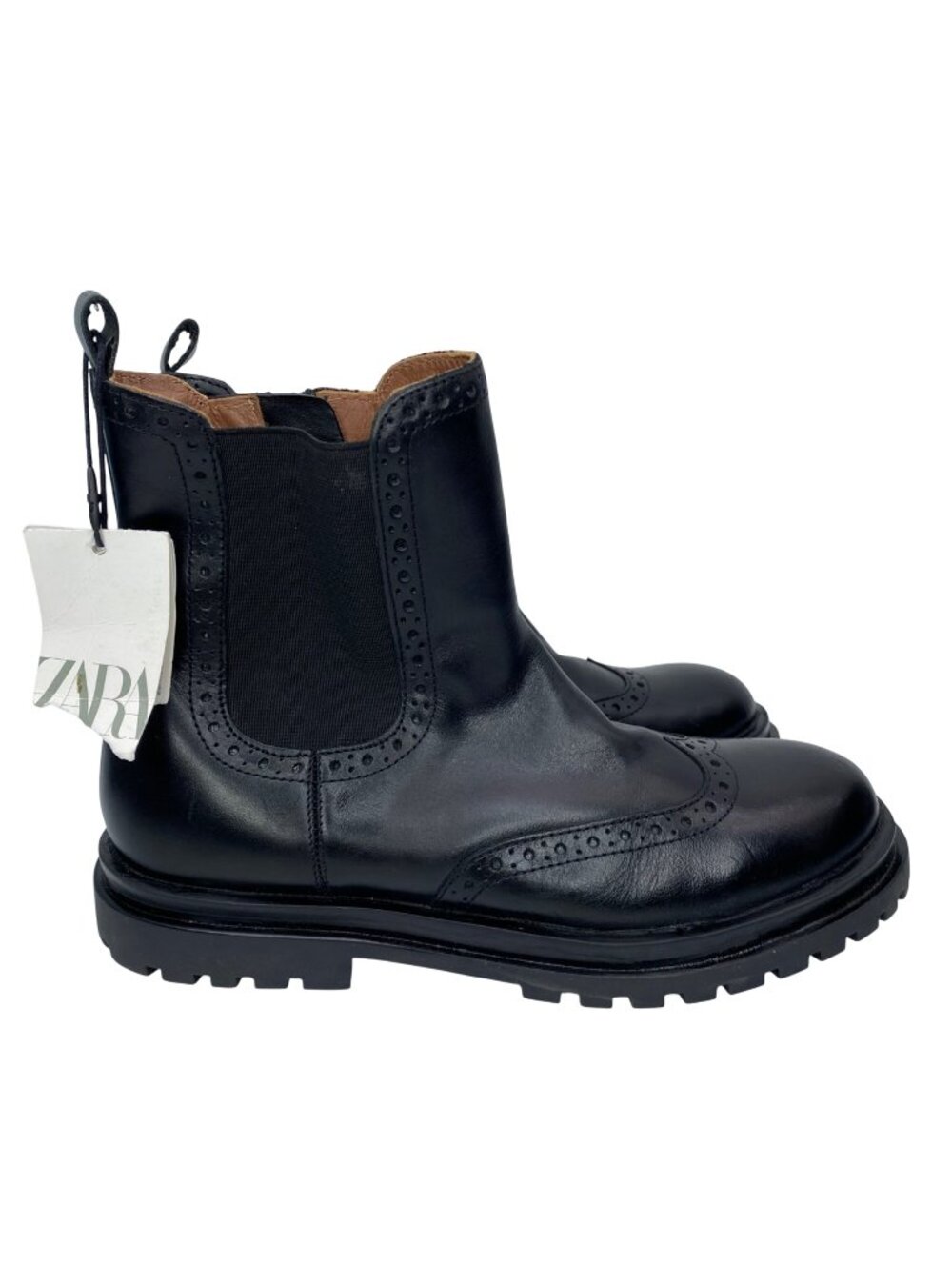 New ZARA Black Leather Wingtip Chelsea Ankle Boots Women's size EU37/US 7